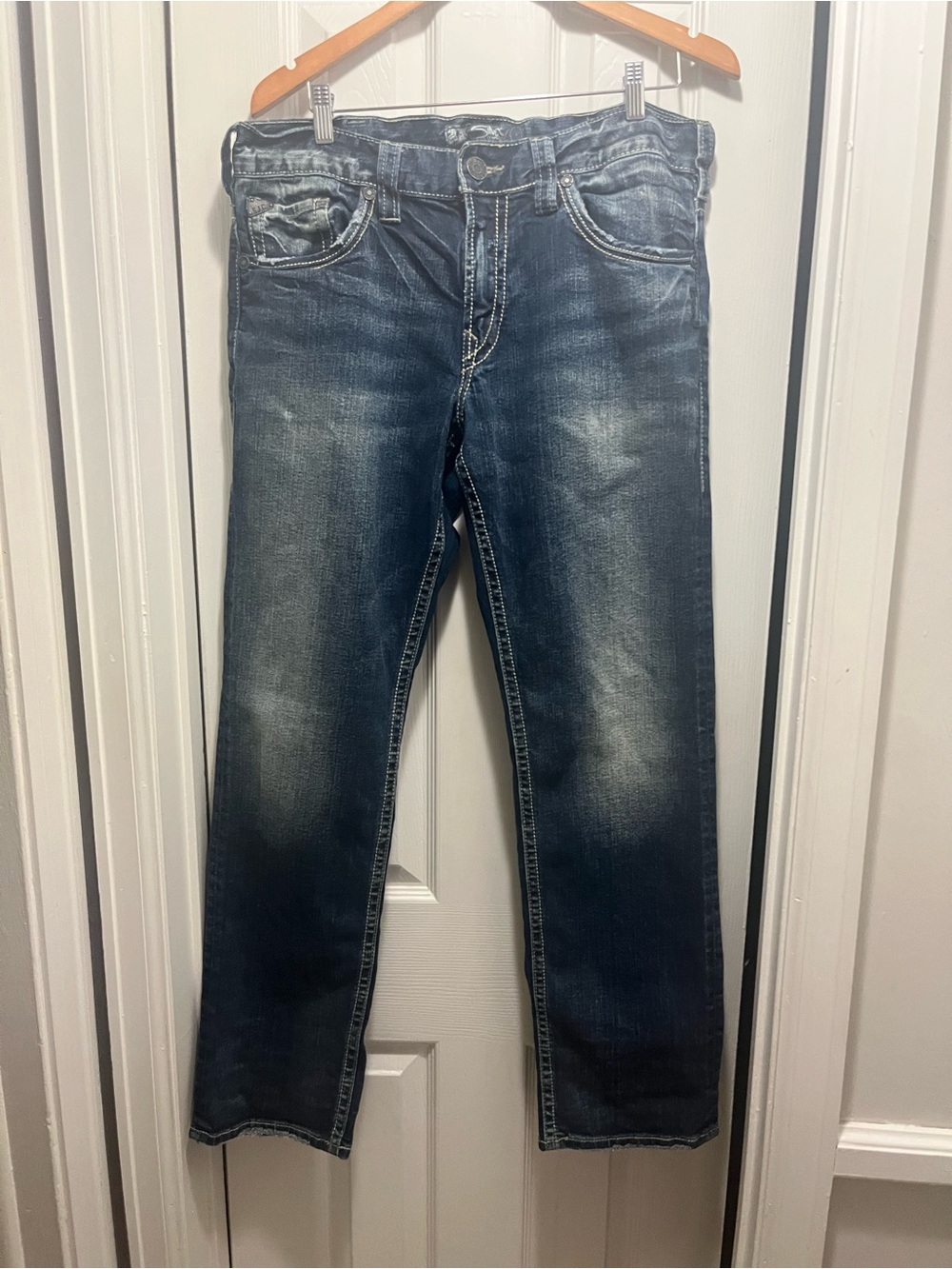 Silver Jeans Eddie Straight Leg Dark Wash Mens 34x32 Denim Jeans Distressed